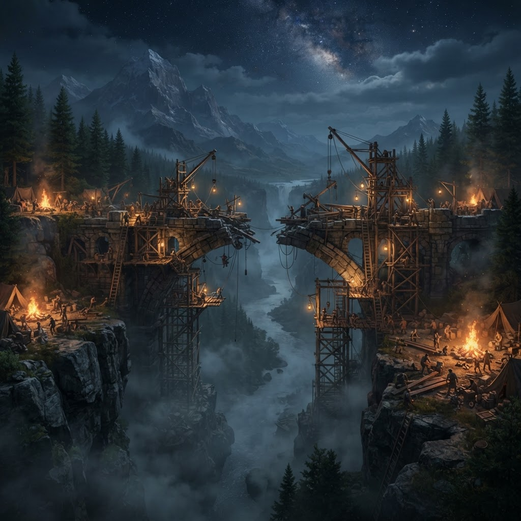 星空下，成百上千的领主提灯合力修复横跨峡谷的巨型石桥
