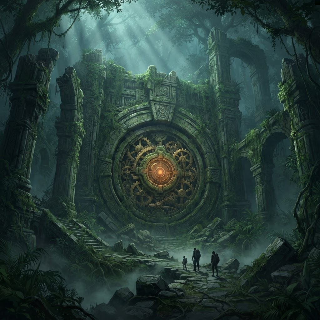 古代遗迹：藤蔓缠绕的巨型圆形石门，中央是黄铜齿轮与琥珀色核心