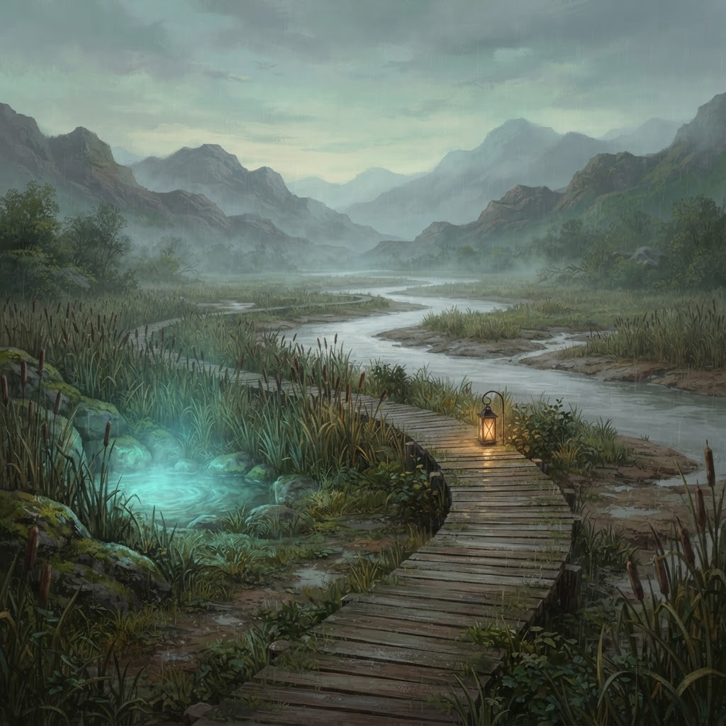 河谷湿地：芦苇与银色河流，雾中泛着微光的灵泉